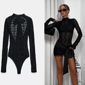 ZARA SATIN BOW LACE BODYSUIT